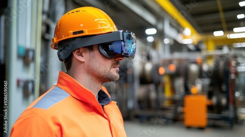 Engineer wearing augmented reality glasses to visualize machinery data