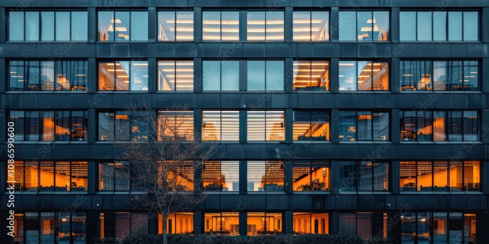 Office Building with Illuminated Windows at Dusk Office Building with Illuminated Windows at Dusk