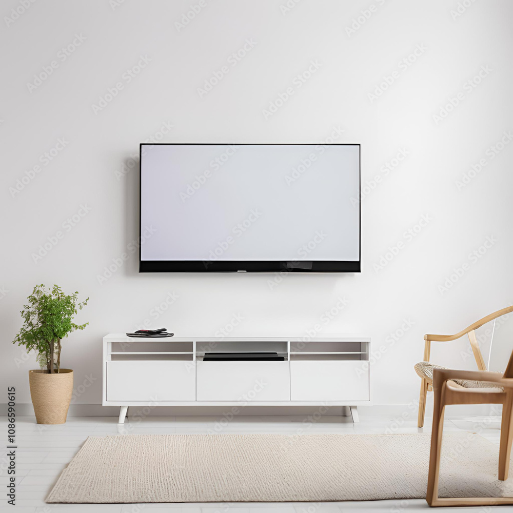 Tv mockup in living room at night. Apartment Interior with TV Set with white Screen. MockUp Display Standing on Television Stand Tv mockup in living room at night. Apartment Interior with TV Set with white Screen. MockUp Display Standing on Television Stand
