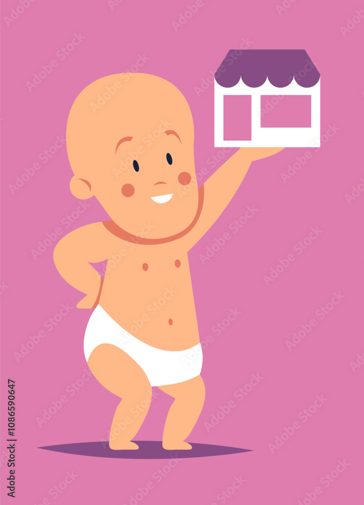 lSmall business Saturday. Cute baby hold shop on pink background. Local Shop support. Banner, card and poster design. Flat vector illustration.