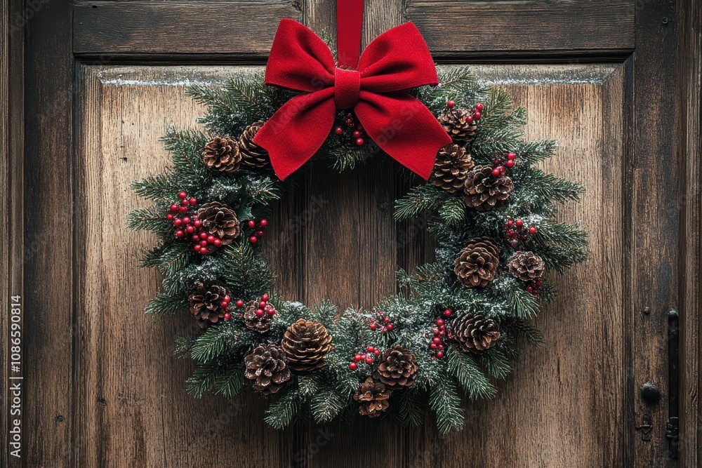 Festive wreath hanging on a wooden door with a red bow and pine cones for the holidays Festive wreath hanging on a wooden door with a red bow and pine cones for the holidays
