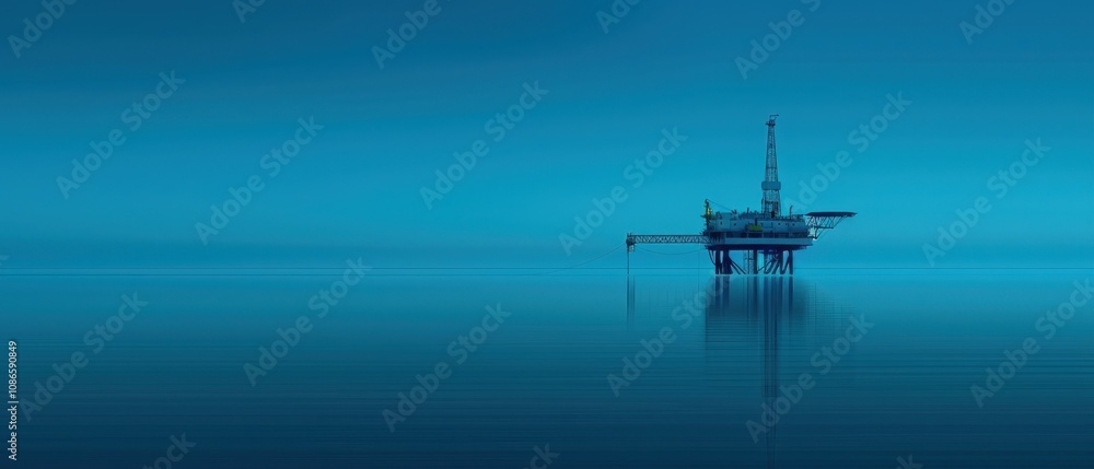 Oil rig on calm water under a blue sky at dusk. Oil rig on calm water under a blue sky at dusk.