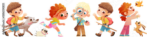 Playful active children girls and boys outdoors activities with animals. Joyful kids hike with dog, run and study nature. Vector preschool or school children, isolated clip art collection for kids.
