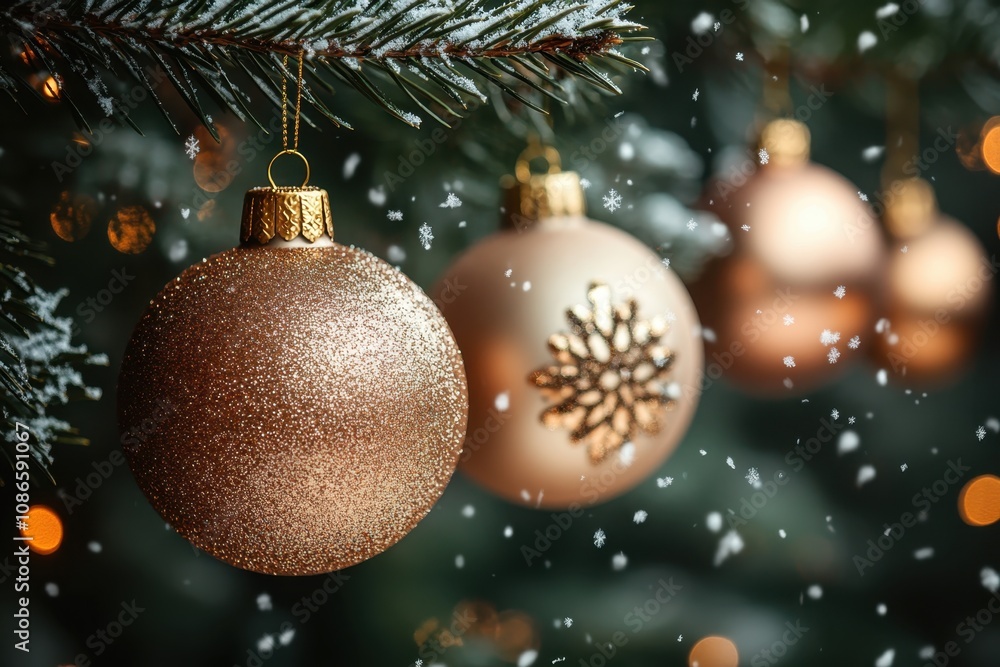 Glittering Christmas ornaments hanging from a tree branch with snowflakes falling softly Glittering Christmas ornaments hanging from a tree branch with snowflakes falling softly