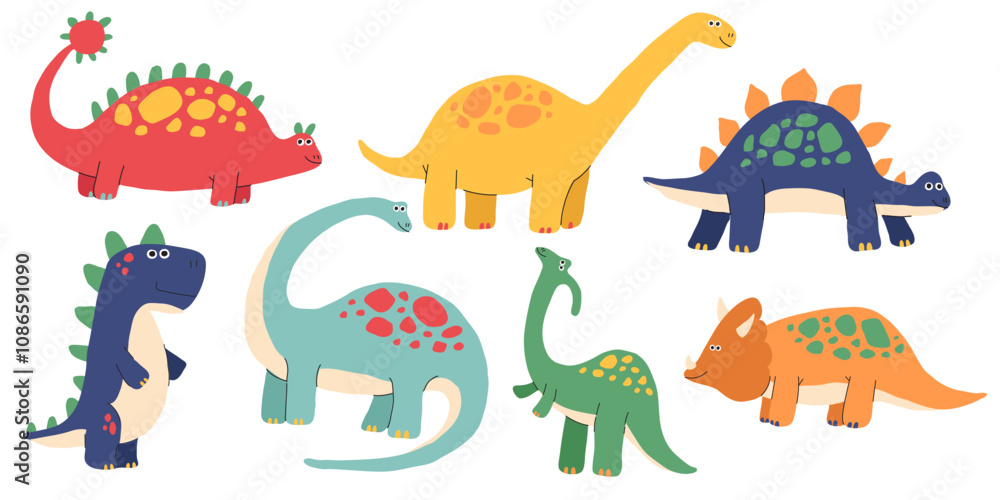Dinosaurus cute vector set. Dino Dinosaurus prehistoric animals like pterosaur and stegosaurus, brachiosaurus and pterosaur. Flat isolated illustration. Dinosaurus cute vector set. Dino Dinosaurus prehistoric animals like pterosaur and stegosaurus, brachiosaurus and pterosaur. Flat isolated illustration.