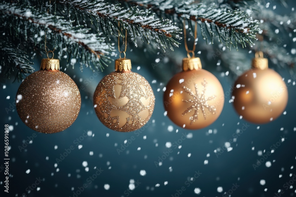 Glittering Christmas ornaments hanging from a tree branch with snowflakes falling softly Glittering Christmas ornaments hanging from a tree branch with snowflakes falling softly