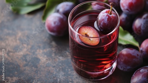 Plum wine in a glass, served with fresh plums as garnish