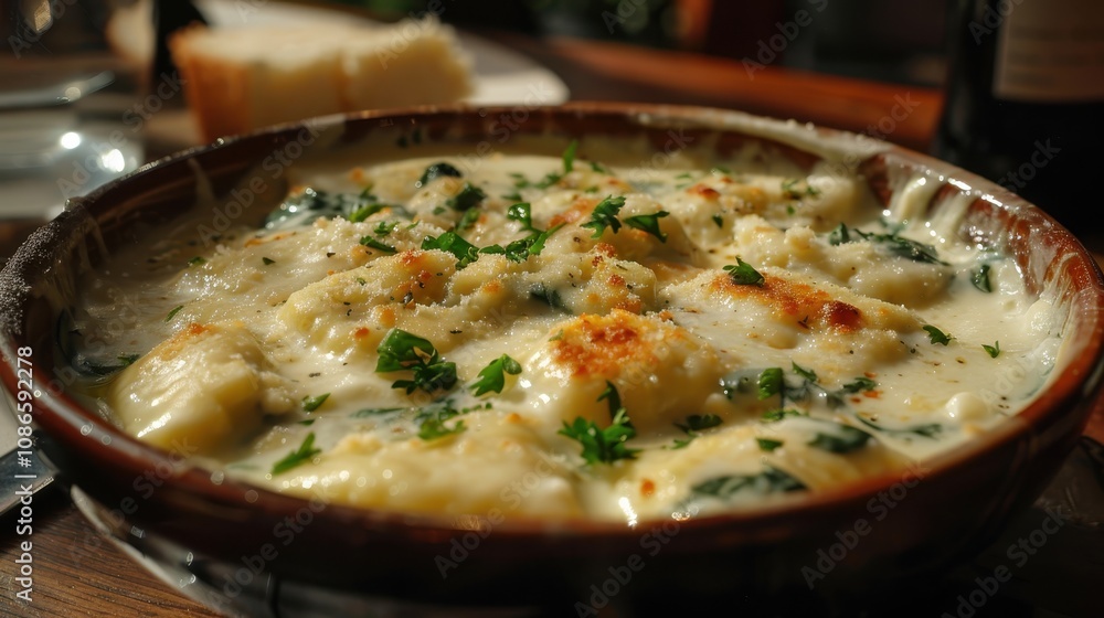 A creamy dish with gnocchi, topped with herbs and golden crust, served in a rustic bowl, exuding warmth and comfort. A creamy dish with gnocchi, topped with herbs and golden crust, served in a rustic bowl, exuding warmth and comfort.
