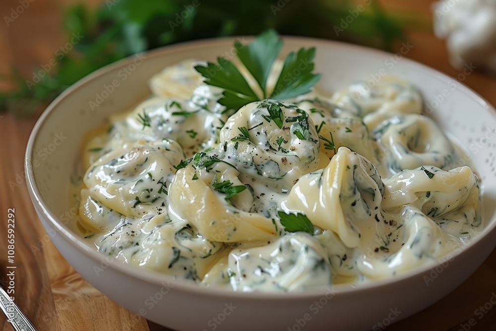 A creamy bowl of tortellini pasta garnished with fresh herbs, showcasing a delicious blend of flavors and textures. A creamy bowl of tortellini pasta garnished with fresh herbs, showcasing a delicious blend of flavors and textures.