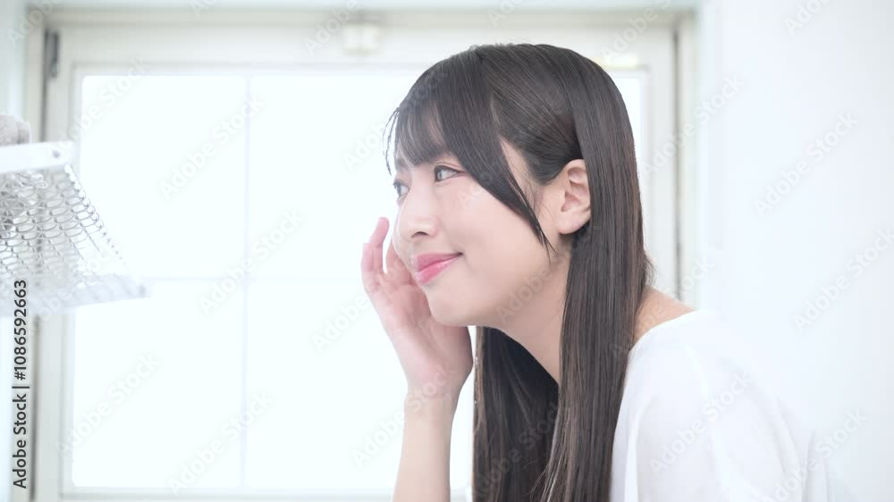 Beauty image looking up in the morning, such as a young 20-something woman washing her face at a beautiful backlit vanity, slow motion video Beauty image looking up in the morning, such as a young 20-something woman washing her face at a beautiful backlit vanity, slow motion video