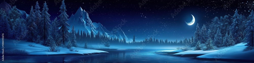 Fototapeta premium Abstract Marketing Background Featuring a 3D Carpet Wallpaper Design with Nightscape, Dark Mountains, Trees, and a Deep Black Background Adorned with Stars and a Moon, Ideal for Luxurious Wall Decorat