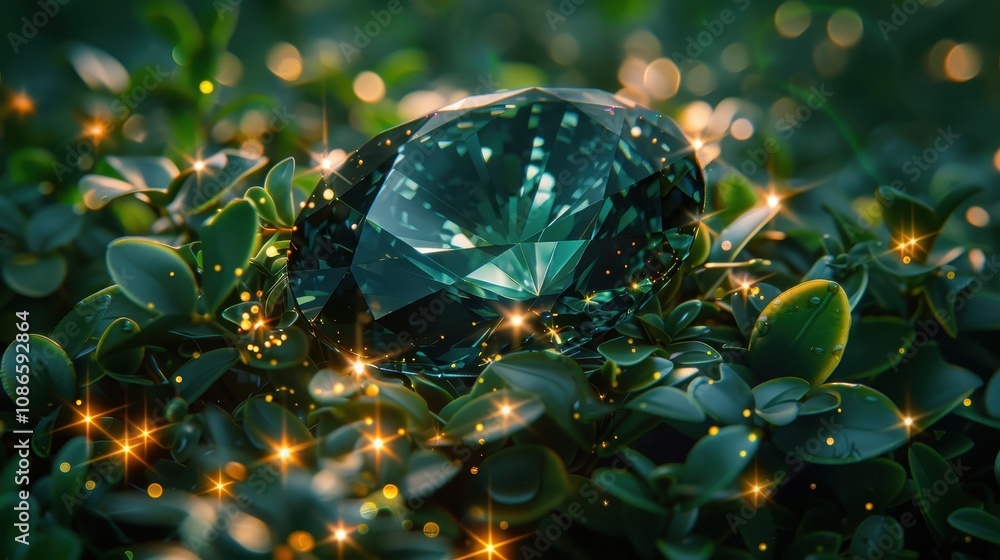 A sparkling green gemstone rests among lush greenery, illuminated by shimmering lights, creating a magical and enchanting atmosphere. A sparkling green gemstone rests among lush greenery, illuminated by shimmering lights, creating a magical and enchanting atmosphere.