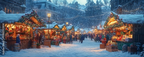 a charming winter market bustling with colorful stalls adorned with twinkling lights and festive decorations surrounded by snow