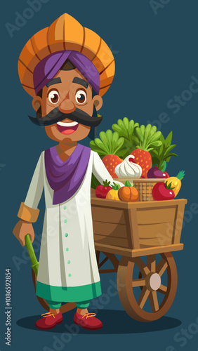 3D Indian Vegetable Vendor With Cart and Basket. Indian Vegetable Vendor Traditional Cartoon Model for Marketplace Graphics