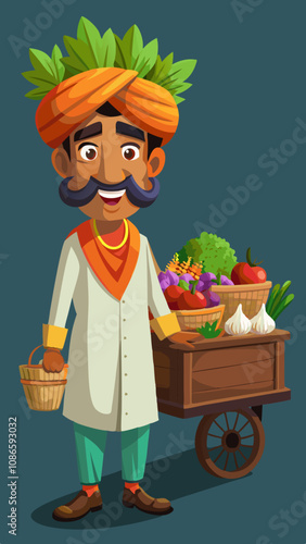 3D Indian Vegetable Vendor With Cart and Basket. Indian Vegetable Vendor Traditional Cartoon Model for Marketplace Graphics