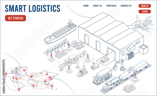 Smart logistics website template combines warehouse management and IoT transportation to optimize supply chain operations concept. Vector illustration eps10
