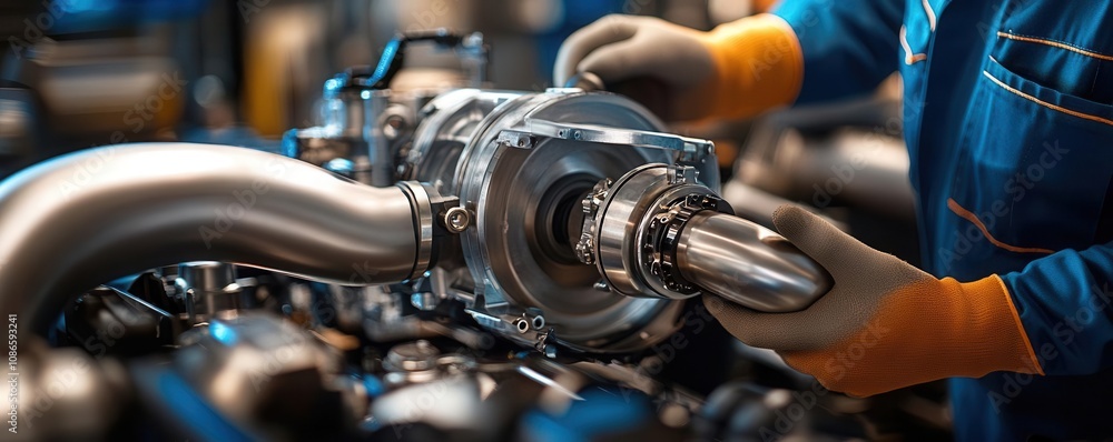 Obraz premium Turbocharger and pipes during installation, mechanic s hand with tools, focused detailing on parts, photorealistic automotive scene