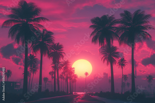 Fototapeta Naklejka Na Ścianę i Meble -  Retro style tropical sunset with palm tree silhouette and pink style. Classic 80s design illustration.