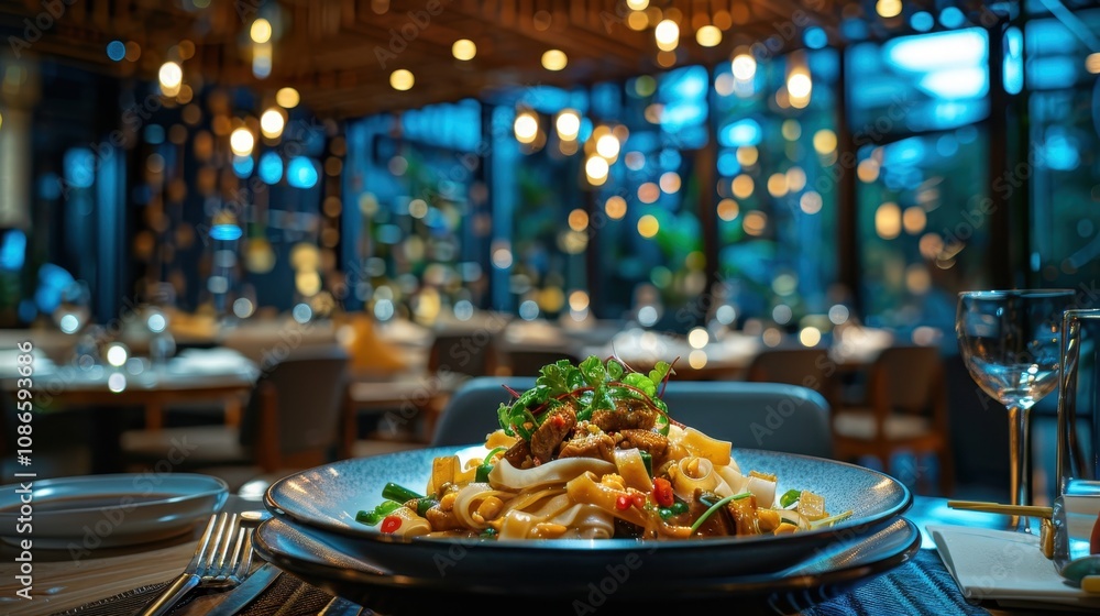 A beautifully plated dish of pasta sits elegantly on a table, with a warm, inviting restaurant atmosphere illuminated by soft, ambient lighting.