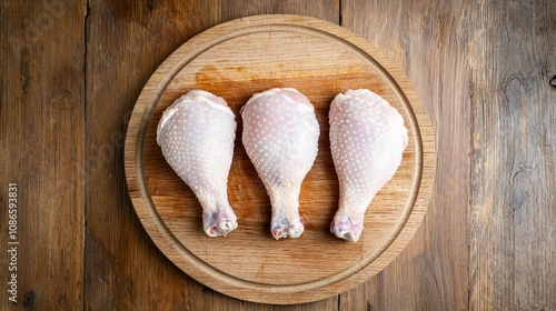 Fresh Raw Chicken Drumsticks on Wooden Cutting Board Ready for Cooking and Preparation in a Rustic Kitchen Setting with Natural Lighting photo