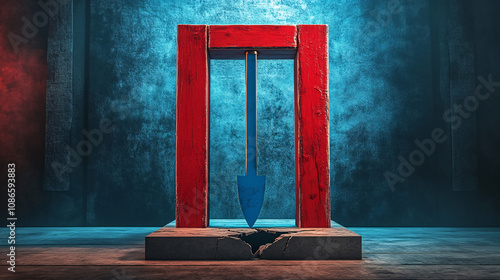 A Red and Blue Guillotine Over a Cracked Podium, Symbolizing the Sharp Division in Political Discourse 