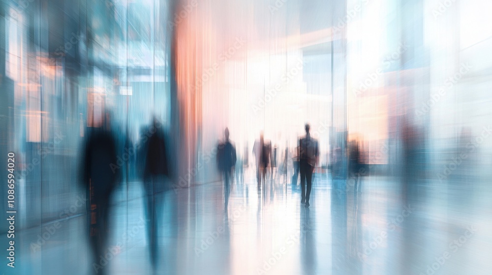 People walking through a modern building with large windows during early evening hours creating a blurred effect People walking through a modern building with large windows during early evening hours creating a blurred effect