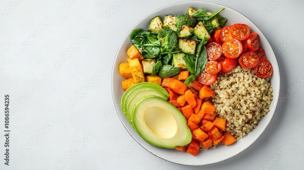 Closeup of a plate with roasted vegetables, quinoa, and avocado, symbolizing a balanced carbfocused diet, balanced plate, healthy carbs Closeup of a plate with roasted vegetables, quinoa, and avocado, symbolizing a balanced carbfocused diet, balanced plate, healthy carbs