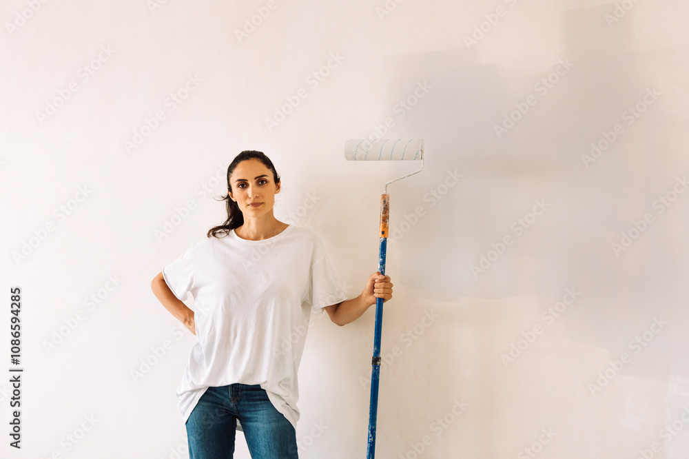A laughing young woman in T-shirt paints a wall white in a house. A laughing young woman in T-shirt paints a wall white in a house.