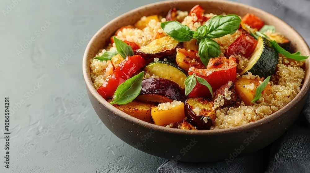Closeup of a quinoa and roasted vegetable bowl, showcasing complex carbs for a balanced diet, quinoa bowl, carbs and healthy living Closeup of a quinoa and roasted vegetable bowl, showcasing complex carbs for a balanced diet, quinoa bowl, carbs and healthy living
