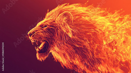 A roaring lion made of abstract flame shapes, glowing in a fiery red-orange gradient, symbolizing fierce leadership and raw energy.  photo