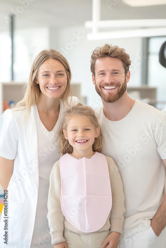 cheerful dental team with child smiling in clinic setting