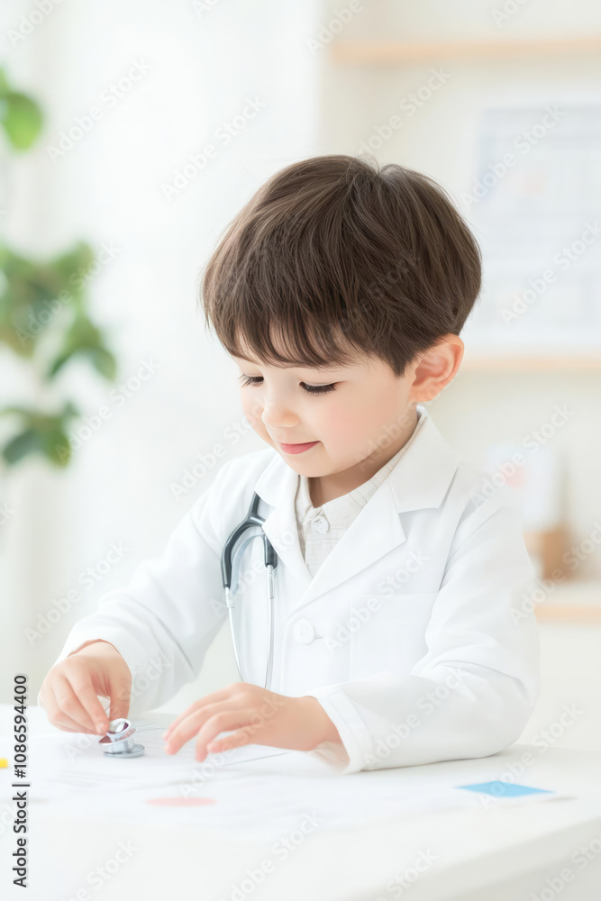 child in doctor office playing with stethoscope, smiling happily child in doctor office playing with stethoscope, smiling happily