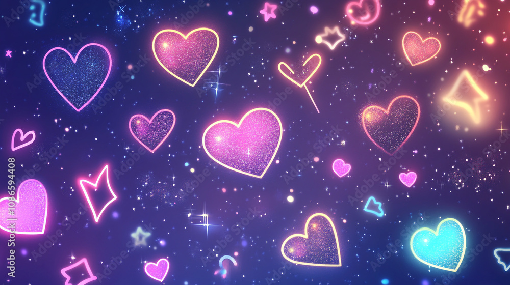 Colorful heart shapes sparkling in the night sky during Valentine's Day celebration Colorful heart shapes sparkling in the night sky during Valentine's Day celebration