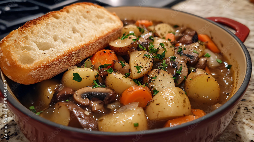 A delicious autumn stew with wild mushrooms, potatoes, carrots, and onions, served with a side of garlic bread for extra flavor. A delicious autumn stew with wild mushrooms, potatoes, carrots, and onions, served with a side of garlic bread for extra flavor.