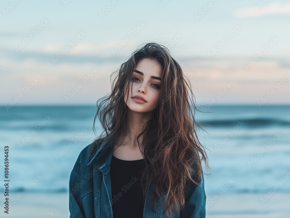 Confident Young Woman with Wavy Hair Posing on a Tranquil Beach Confident Young Woman with Wavy Hair Posing on a Tranquil Beach