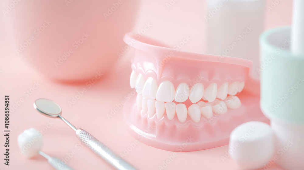 dental model showcasing bright, healthy teeth with tools nearby dental model showcasing bright, healthy teeth with tools nearby