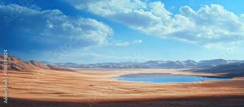 A small lake surrounded by barren desert land under a blue sky with fluffy clouds.