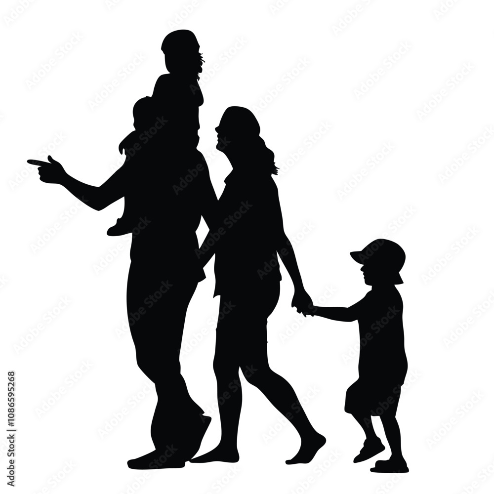 A family of four is walking down the street. A man is holding a child on his shoulders A family of four is walking down the street. A man is holding a child on his shoulders