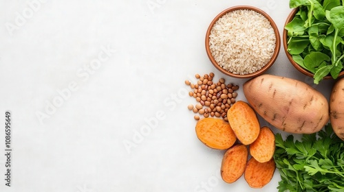 Minimalist flat lay of brown rice, sweet potatoes, and legumes, symbolizing clean carbs for a balanced lifestyle, clean carbohydrates, healthy diet