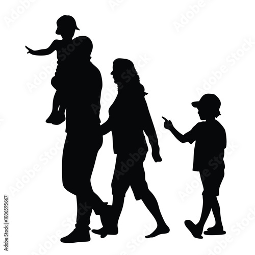 A family of four is walking down the street. A man is holding a child on his shoulders