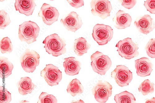 Pink rose petal pattern forming a romantic background on white surface