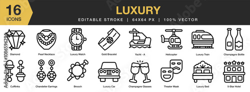 Luxury icon set. Editable Stroke Icon Collection. Includes star hotel, brooch, champagne, gold bracelet, luxury bed, and More. Outline icons vector collection.
