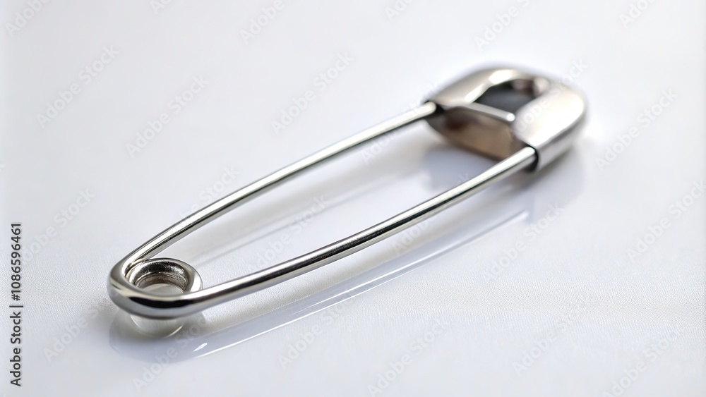 A lone safety pin, capturing simplicity and utility in white. A lone safety pin, capturing simplicity and utility in white.