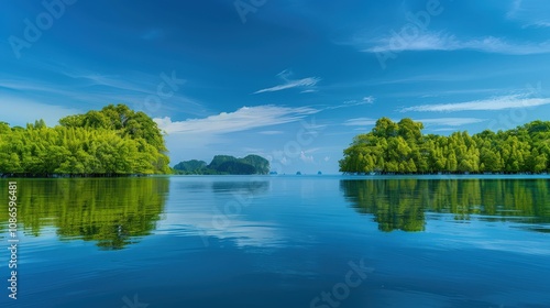 Serene Water Landscape with Lush Green Trees