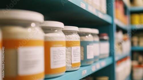 Glass jars with various ingredients displayed on shelves in a colorful pantry, showcasing a well-organized and aesthetically pleasing kitchen storage solution for home cooking.