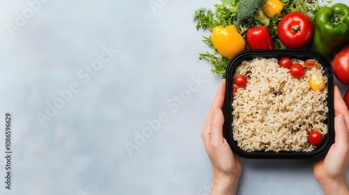 Person meal prepping with brown rice, vegetables, and lean proteins, representing a carbconscious lifestyle, meal prep, carb diet concept photo