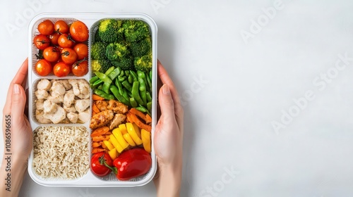Person meal prepping with brown rice, vegetables, and lean proteins, representing a carbconscious lifestyle, meal prep, carb diet concept