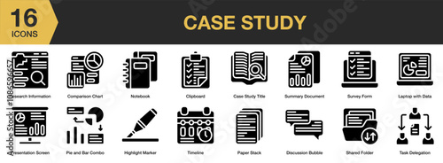 Case Studio solid icon set. Includes Timeline, Task Delegation, Survey Form, Summary Document, Research Information, Shared Folder, and More. Solid icons vector collection.