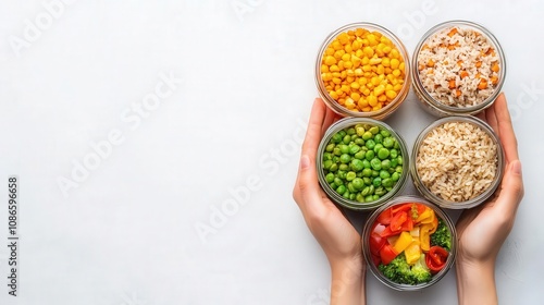 Person meal prepping with brown rice, vegetables, and lean proteins, representing a carbconscious lifestyle, meal prep, carb diet concept photo