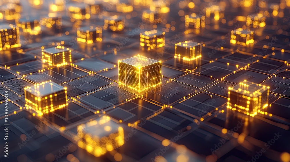 Futuristic Digital Landscape with Glowing Cubes on a Matrix Grid Representing Advanced Technology and Data Processing Visuals for Innovation Concepts Futuristic Digital Landscape with Glowing Cubes on a Matrix Grid Representing Advanced Technology and Data Processing Visuals for Innovation Concepts